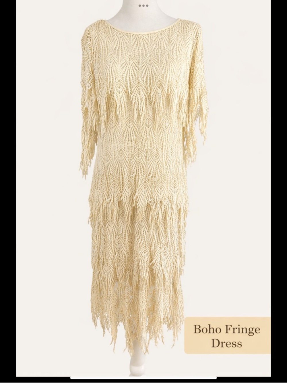 SAMAX Cream Crochet Fringe Mini Dress Lined Boho Coastal Resort Festival - Picture 3 of 16